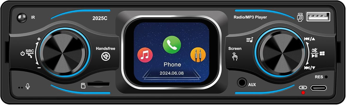 Single Din Car Radio with Bluetooth 6.0 and Touchscreen Display