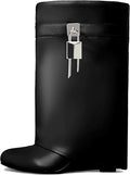 Fold Over Wedge Boots Heeled PadLock Knee High Boots - Chic Foldover 3