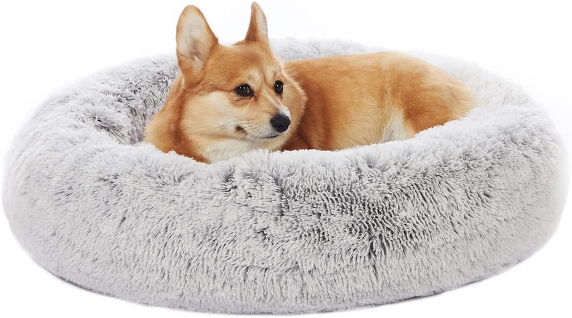 Calming Donut Dog Bed for Medium Dogs, 30in Fluffy Comfort