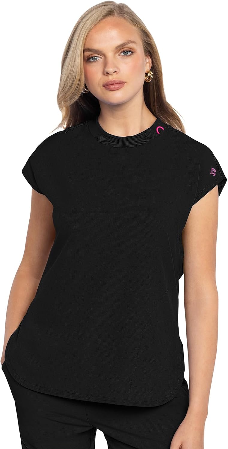 Med Couture Women's Round Neck Scrub Top with Zipper Pockets