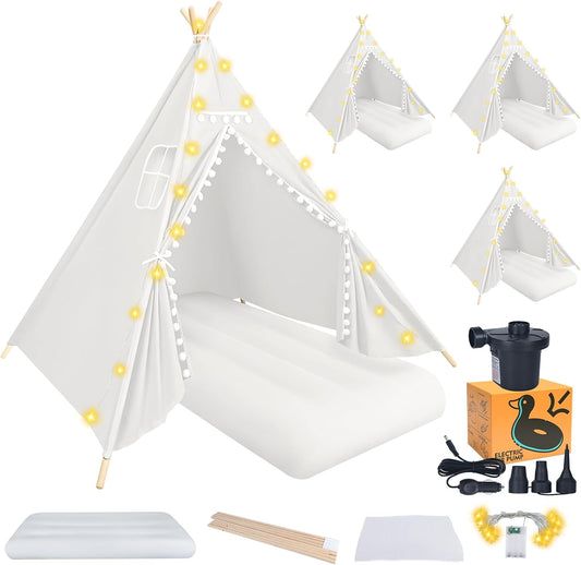 Inflatable Teepee Tent Bundle for Kids: Star Lights, Airbed Included!