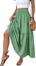 Women's Smocked High Waist Floral Maxi Skirt with Pockets - Boho