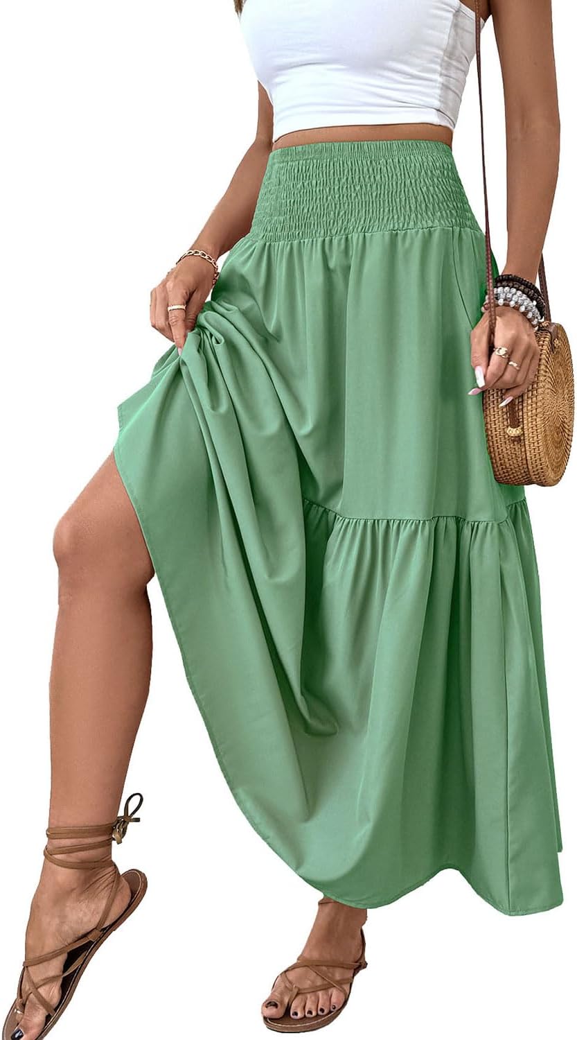 Women's Smocked High Waist Maxi Skirt with Pockets for Style