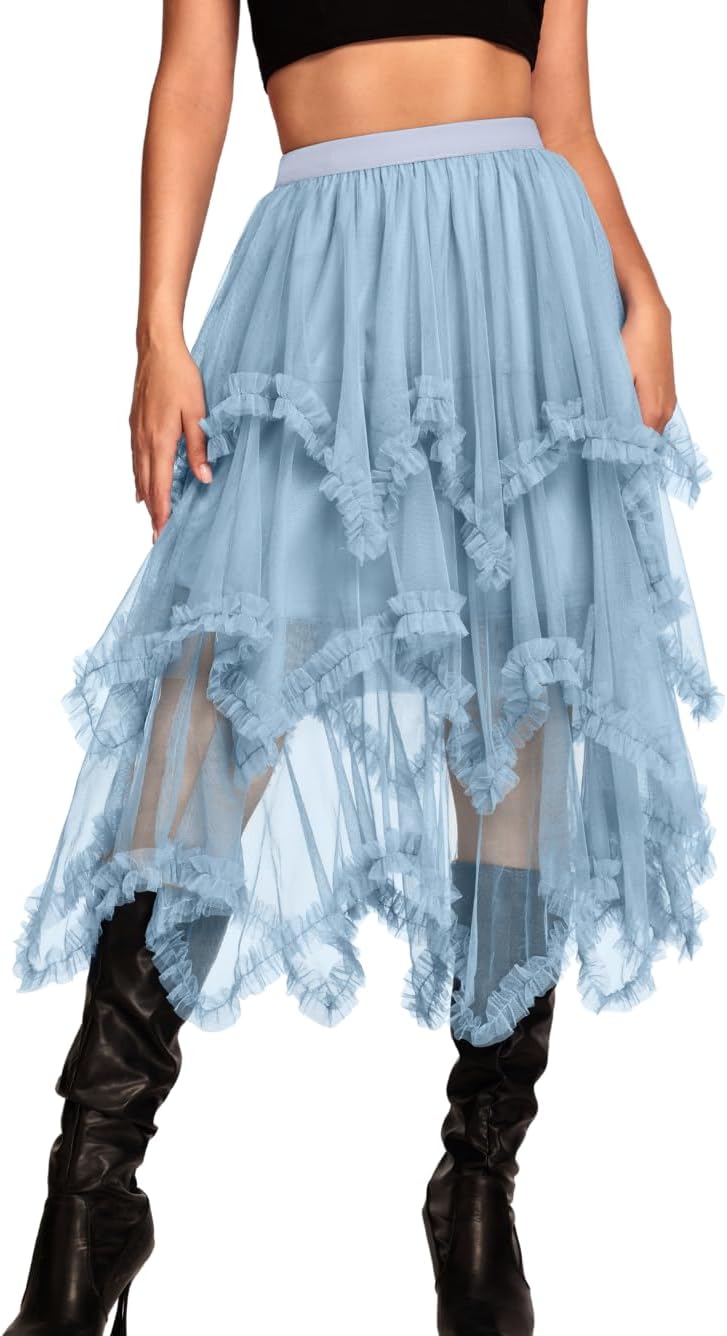 Kaei&Shi Long Tulle Skirt for Women - Asymmetrical Ruffle Design