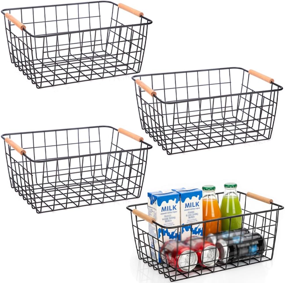 LeleCAT Wire Baskets with Wooden Handles for Home Organization