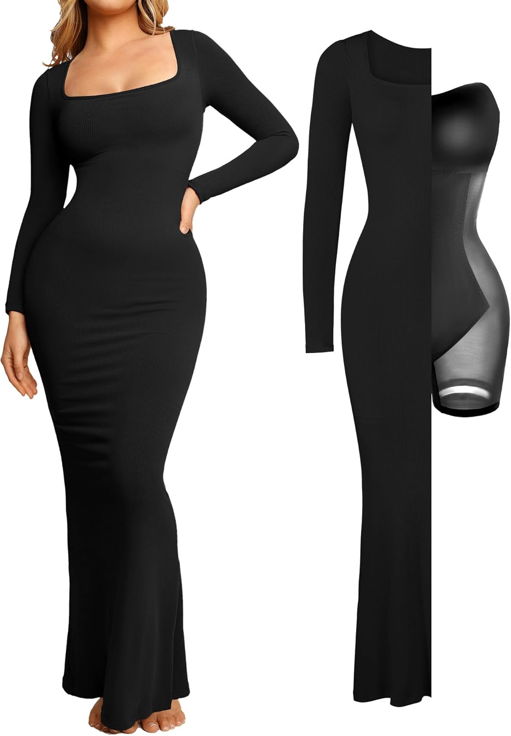 Popilush Women's Long Sleeve Maxi Dress with Shapewear Bra
