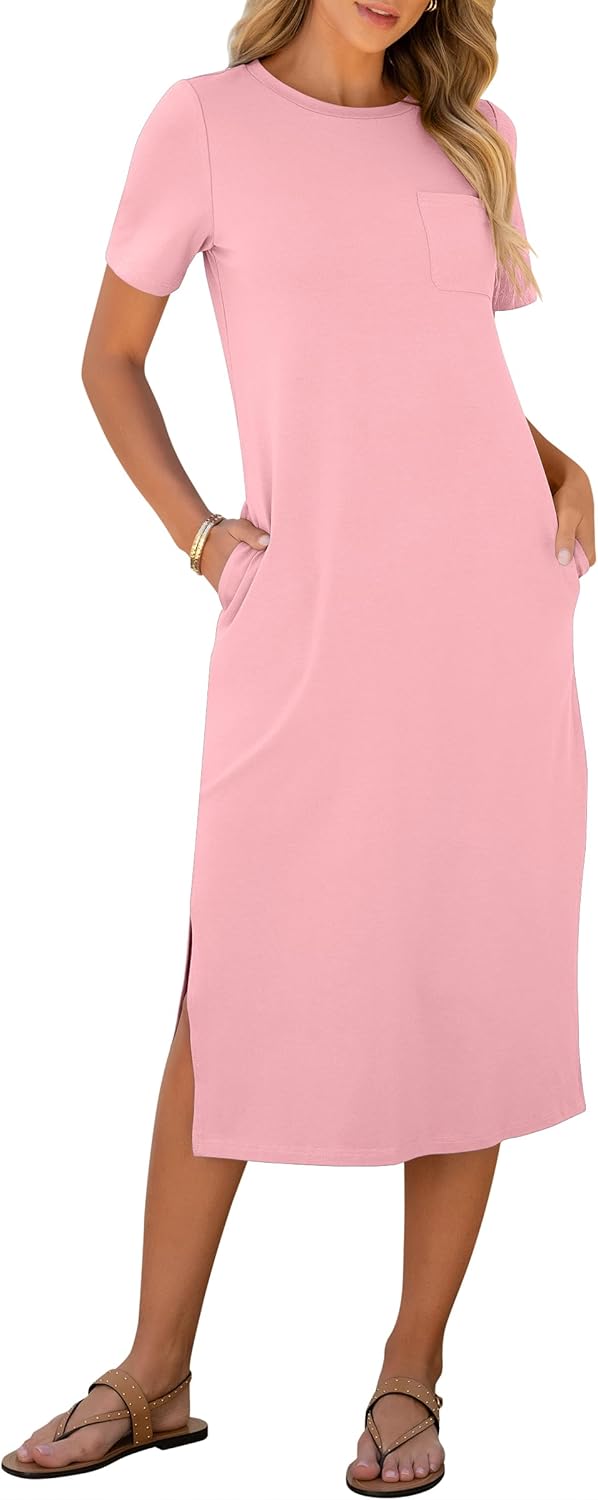 Womens Summer Casual Midi Dress with Short Sleeves and Slits