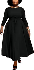 Women Plus Size Formal A Line Maxi Dress - Self Tie Waist with Pockets