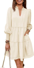 Womens Fall Long Sleeve Tunic Dress Casual V Neck Tiered Ruffle
