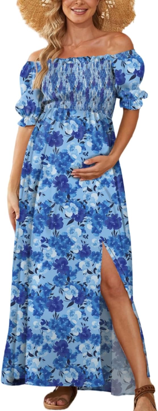 Floral Maternity Dress with Puff Sleeves for Baby Showers