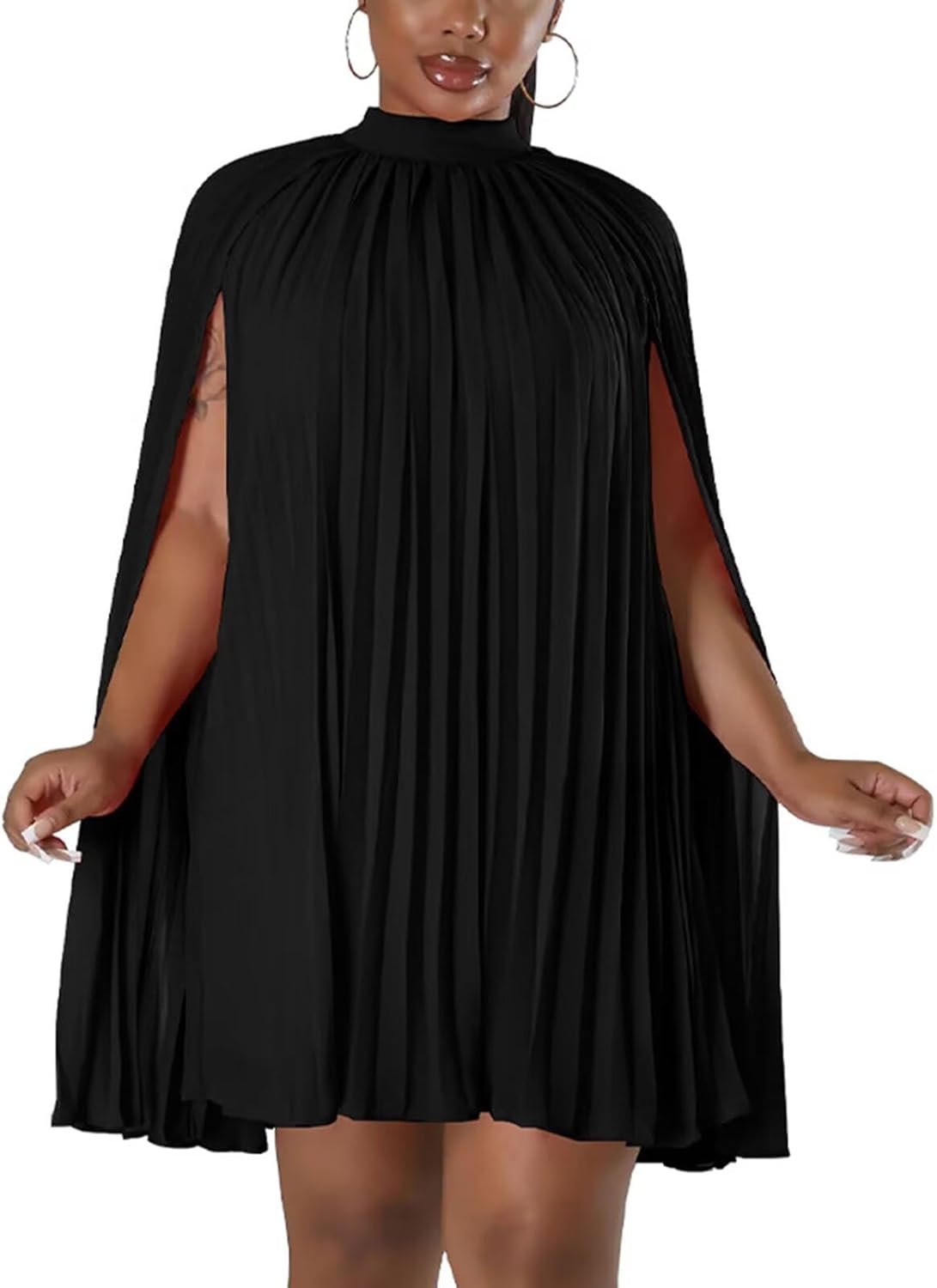 Womens Casual Cape Sleeve Pleated Split Short Dress for Parties