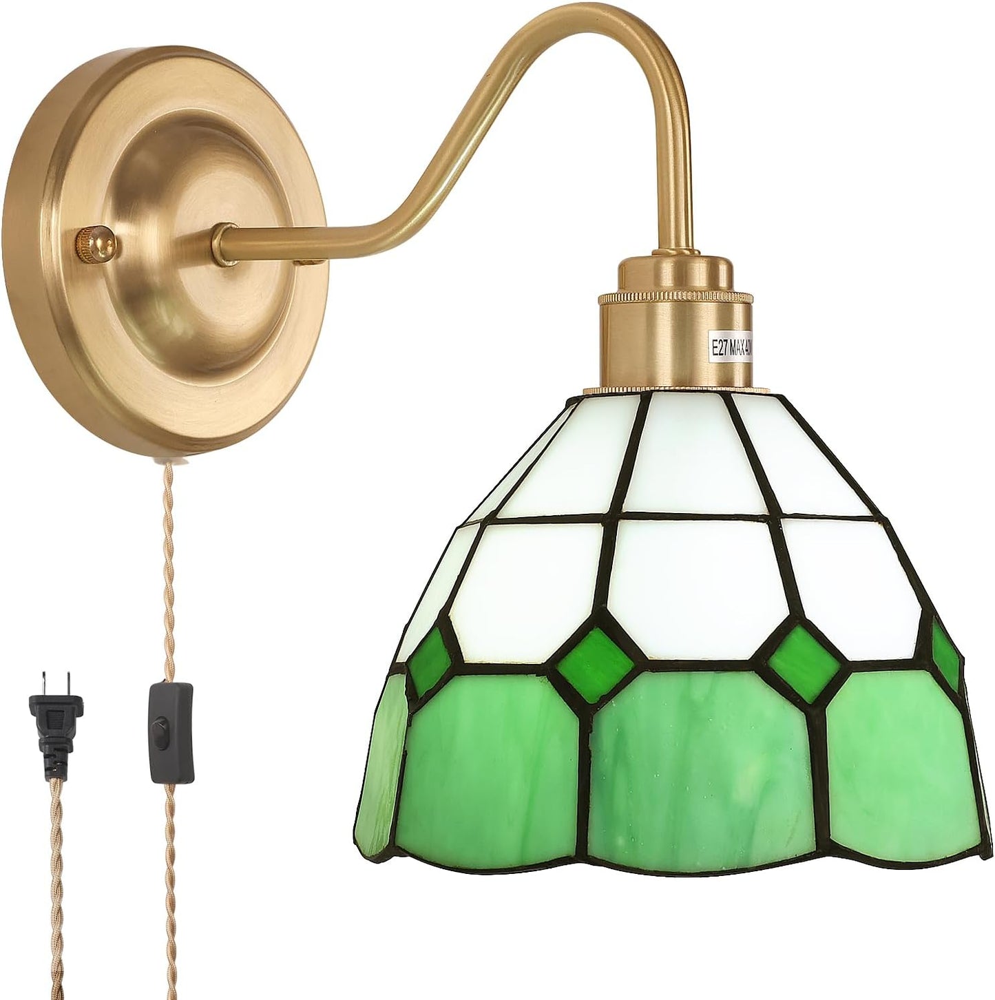 Vintage Wall Sconce with Green White Checker Stained Glass Shade