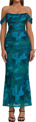 KUTUMAI Off The Shoulder Maxi Long Dress Corset Ruched Bodycon blue