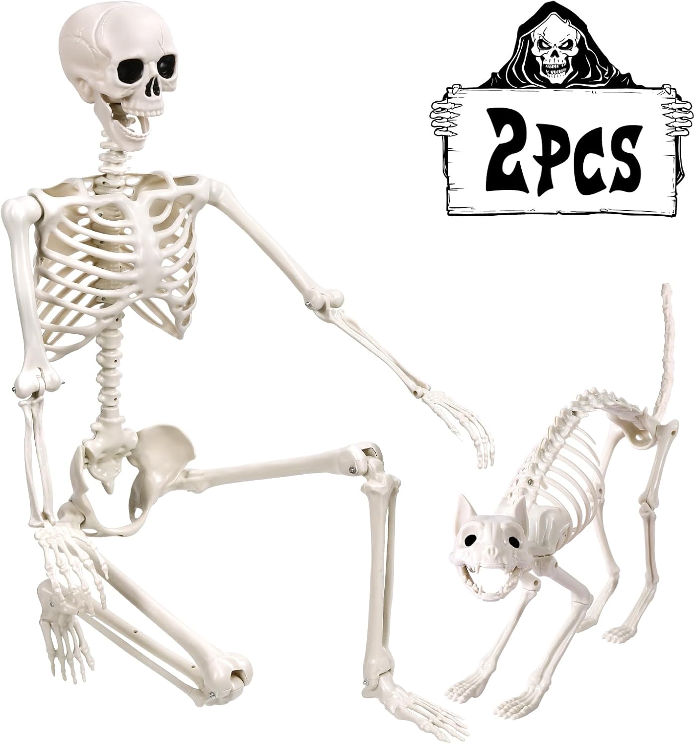 5.4Ft Life Size Human Skeletons with Cat Skeleton for Halloween