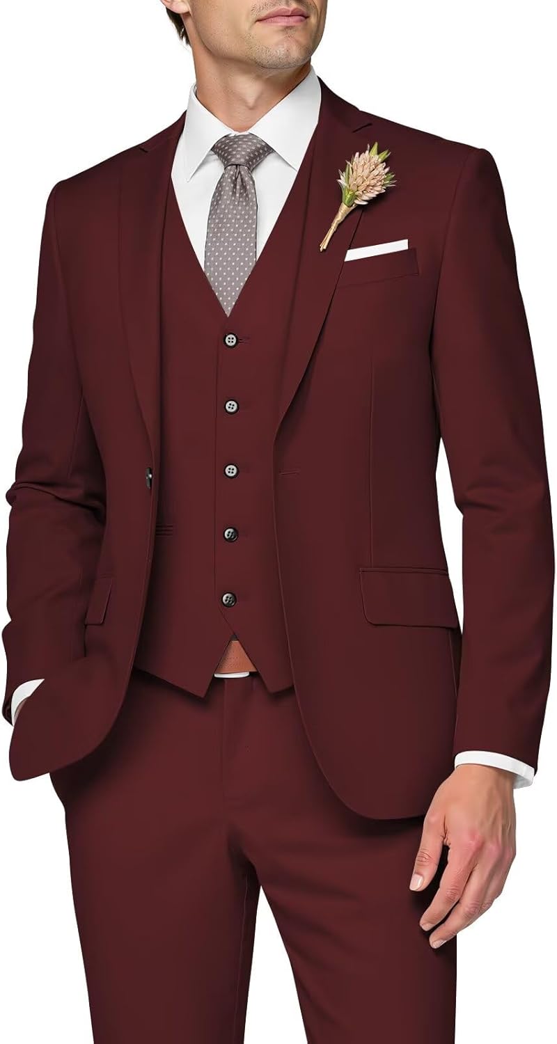 Elegant 3 Piece Slim Fit Wedding Suit for Men in Wine Red