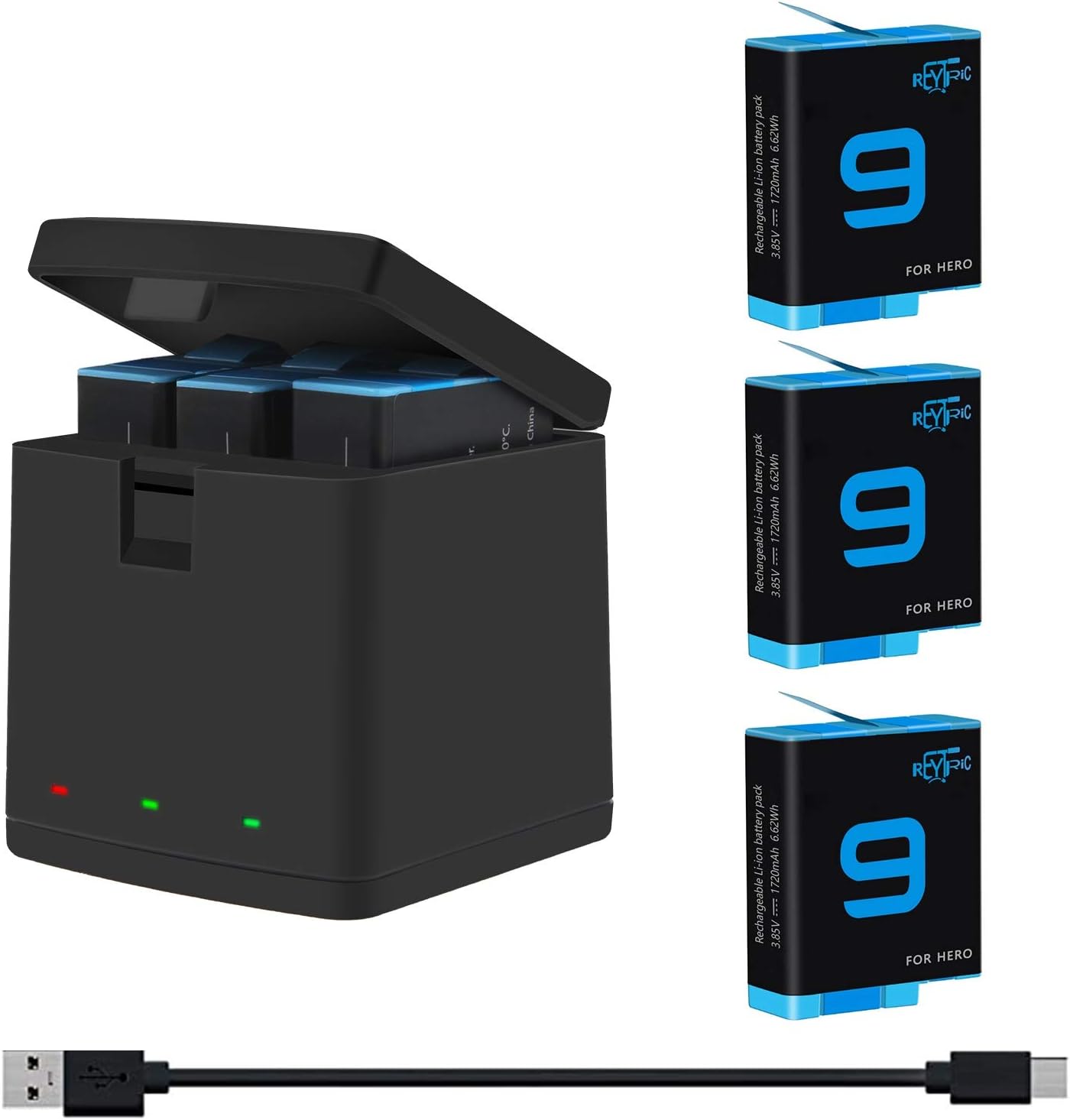 REYTRIC Hero 9 Replacement Batteries 3-Pack with Charger