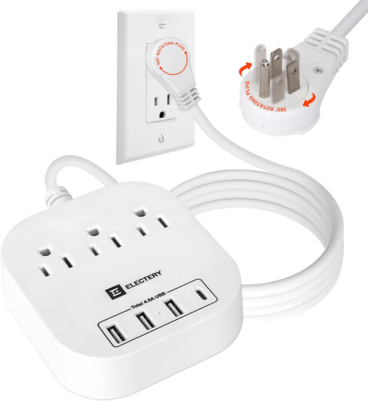 ELECTERY 360 Rotating Power Strip - 3 Outlets, 4 USB Ports