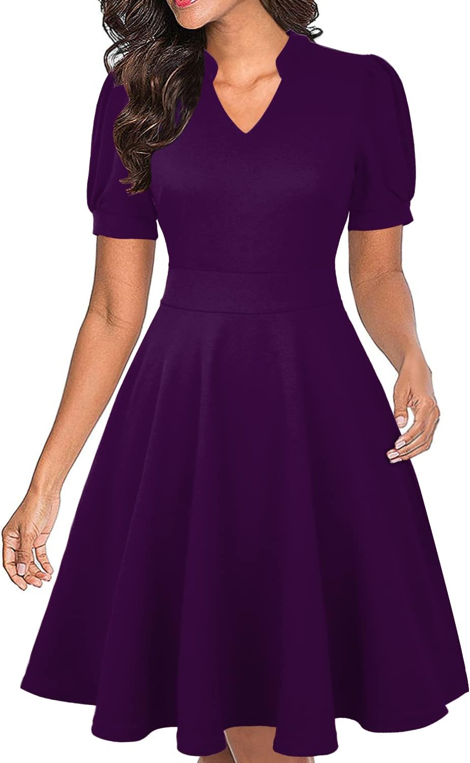 Mokayee Womens Summer Short Puff Sleeve Casual Fit and Flare Dress
