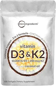 Vitamin D3 10000 iu Plus K2 200 mcg Softgels for Health