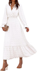 Women Fall Maxi Dress V Neck Swiss Dots - Flowy Ruffle Hem