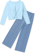 Girls Fall Outfits Light Blue Twist Crop Top and Wide Leg Pants Set