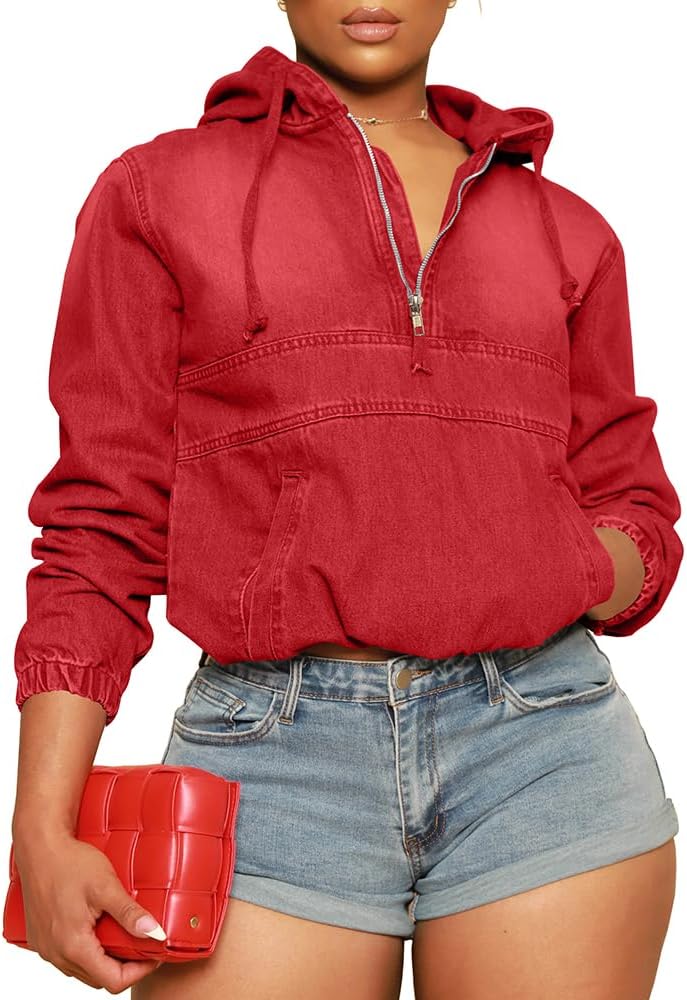 Women's Half Zip Denim Hoodie Pullover Jackets for Stylish Comfort