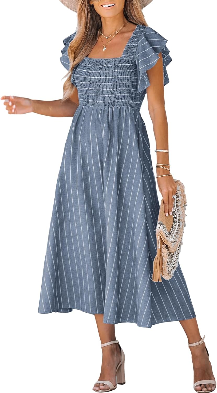 CUPSHE Women's Summer Dress Square Neck Striped Smocked Design