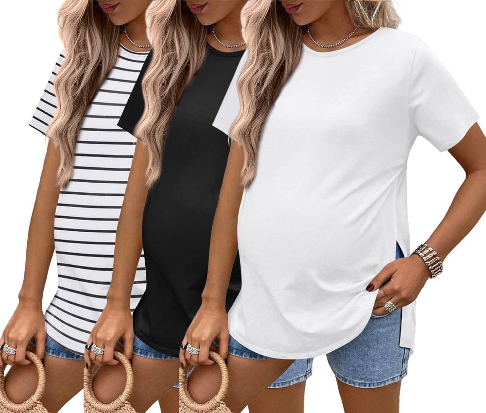 Ekouaer Maternity Shirts Short Sleeve Split Side Pregnancy Tops