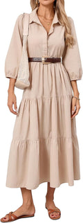 Women Button Down Maxi Shirt Dress Long Sleeve Flowy Tiered - Easy all