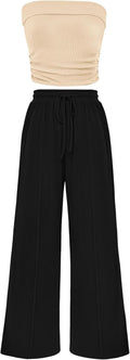 Womens Ribbed Knit 2 Piece Tube Top & Wide Leg Pants Set - Summer