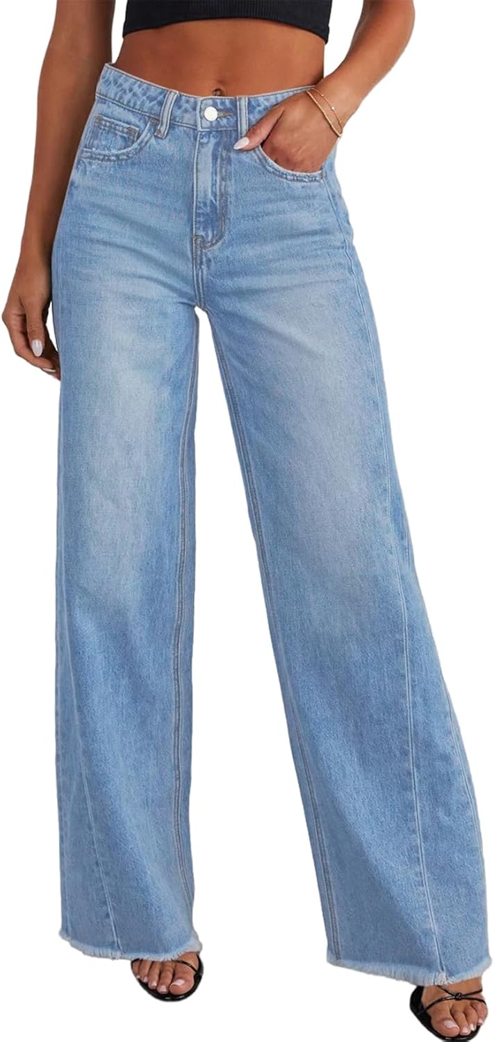 Wide Leg High Waisted Raw Hem Jeans for Effortless Style