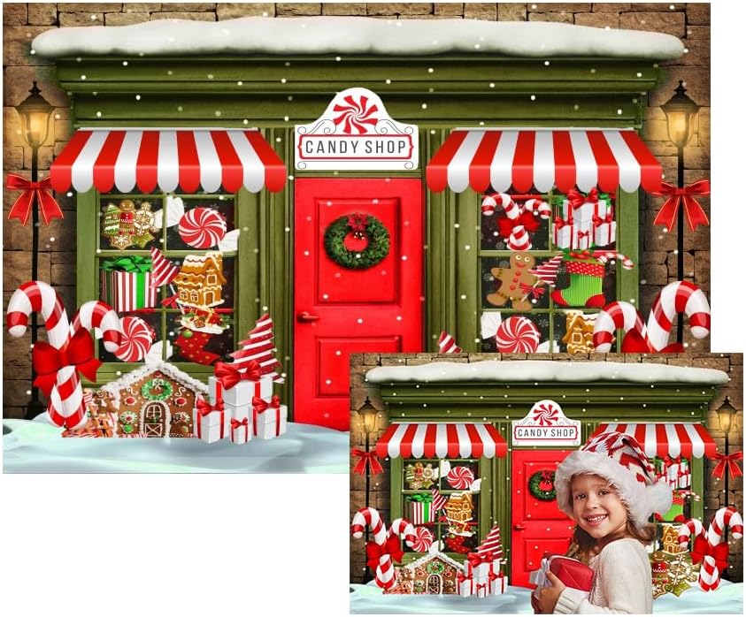 Leowefowa Christmas Candy Shop Backdrop for Holiday Photos