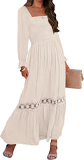 Boho Smocked Square Neck Maxi Dress - Flowy Lace Trim Women's