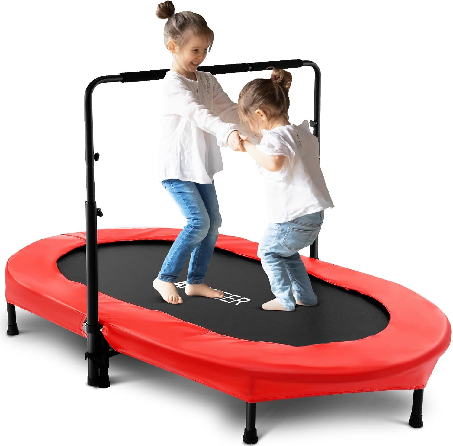 56in Double Kids Trampoline with Adjustable Handlebar for Fun
