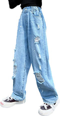 Girls Ripped Denim Elastic Waist Jeans - Wide Leg Baggy Fit