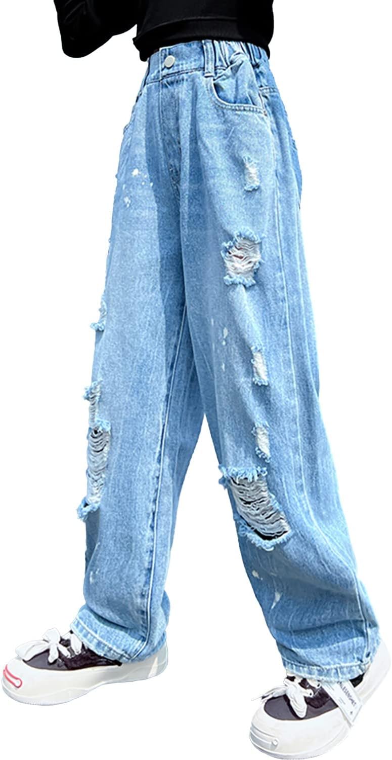 Rolanko Girls Jeans Denim Elastic Waist Wide Leg Baggy Pants