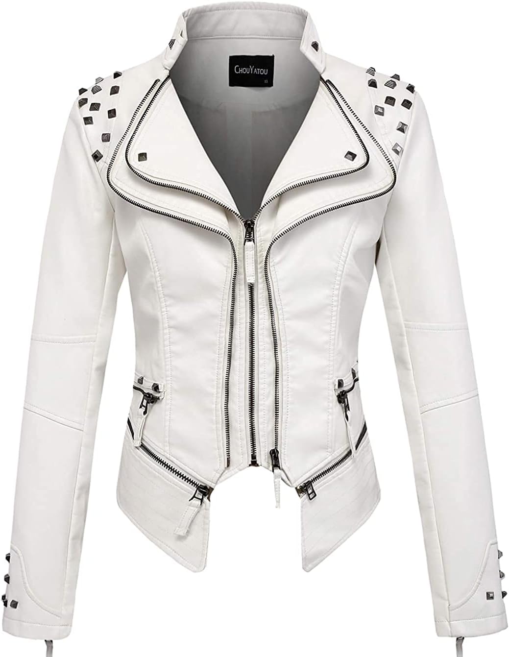 Chouyatou Women's Fashion Studded Faux Leather Biker Jacket
