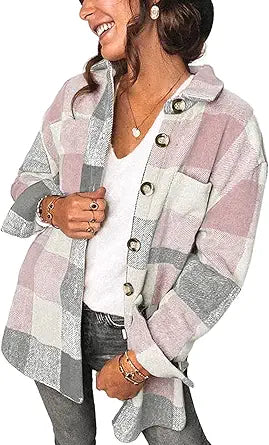 Women's Brushed Plaid Shirts Long Sleeve Flannel Shacket Jacket
