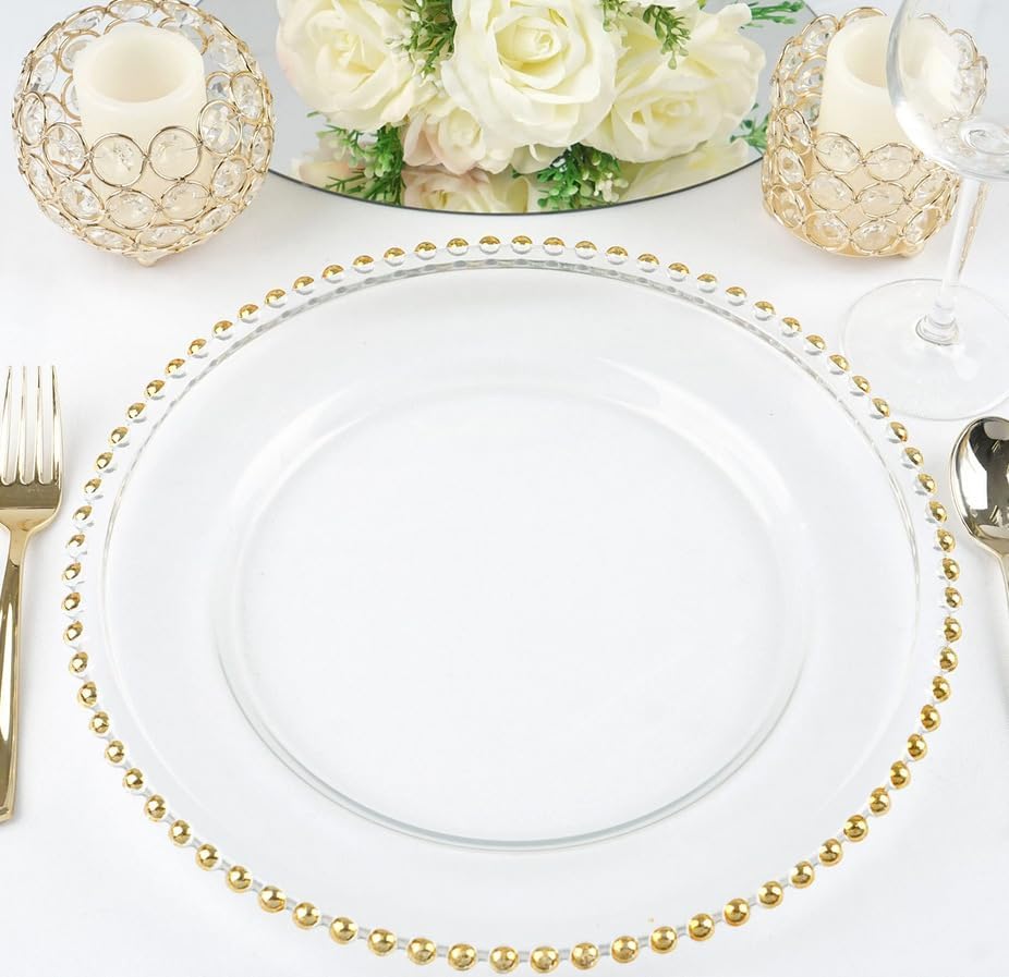 50 Pack Gold Acrylic Charger Plates, Elegant Beaded Rim