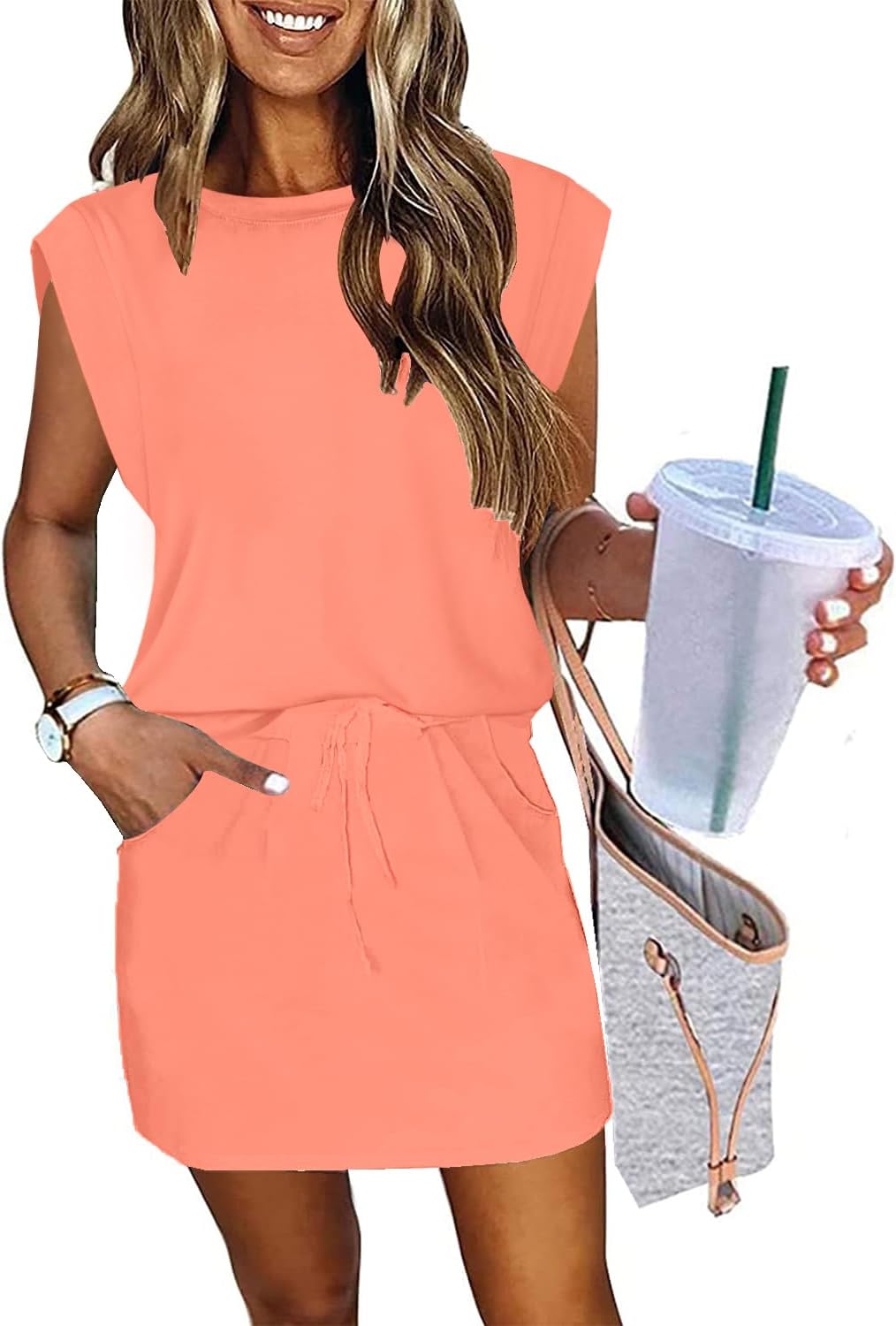 ETCYY NEW Womens Cap Sleeve Summer Dress with Tie Front Design