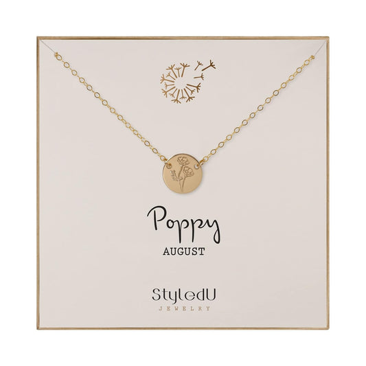 August Birth Flower Necklace for Women, 14K Gold Filled Poppy