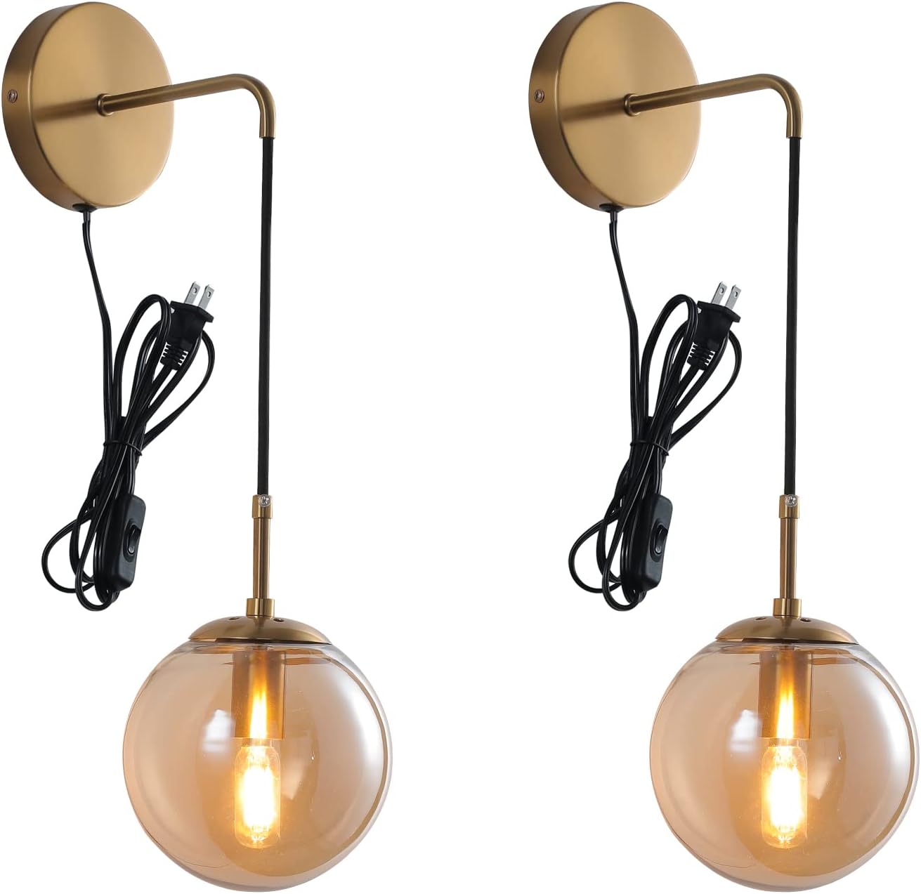 Stylish Wall Sconces Set of Two with Globe Amber Glass Shade