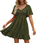 Women's Flowy Casual Mini Dress with Pockets - Smocked V Neck