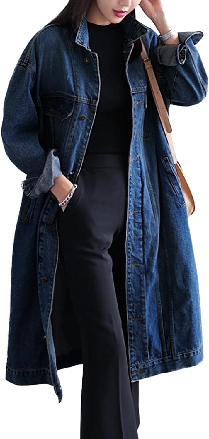 Womens Classic Jean Jacket Plus Size Long Sleeve Denim Coat