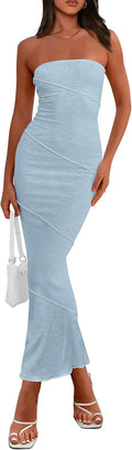 Womens Ribbed Maxi Bodycon Dress Strapless Tube - Summer Party