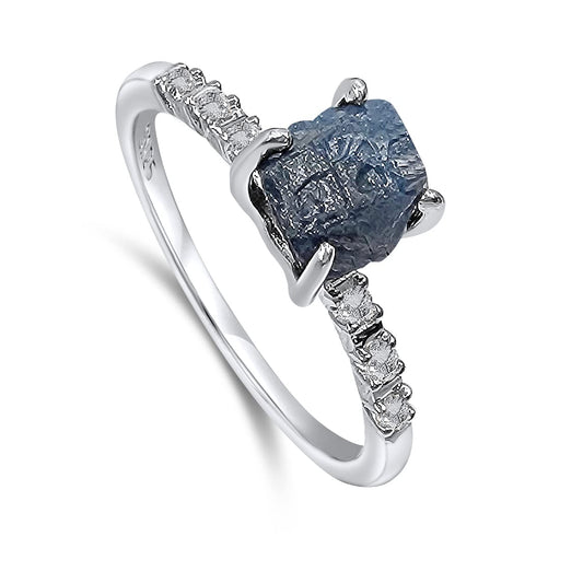 Real Raw Blue Sapphire Dainty Ring in White Gold for Gifts