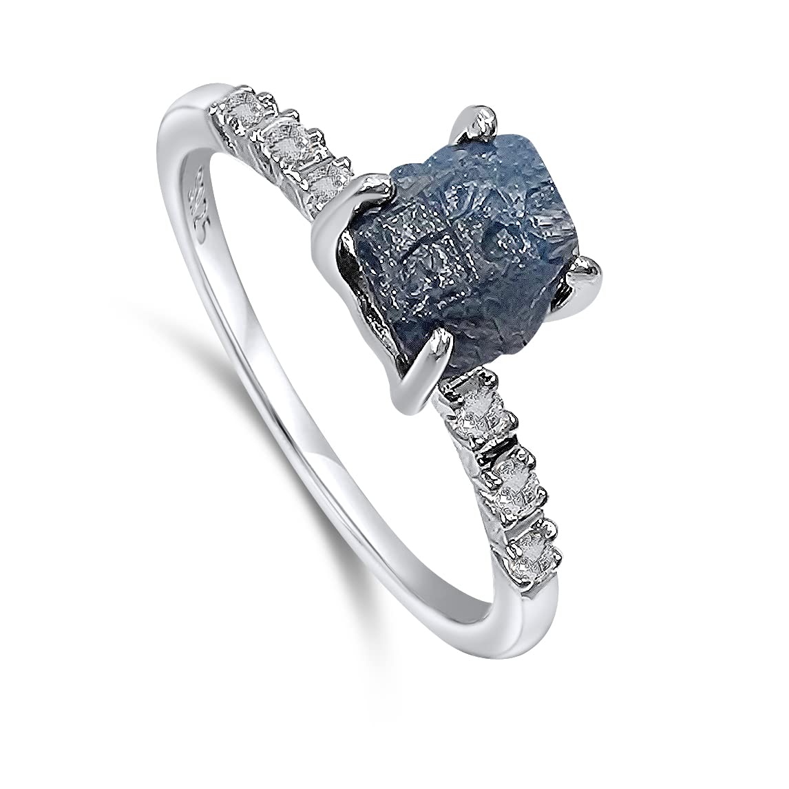 Real Raw Blue Sapphire Dainty Ring in White Gold for Gifts