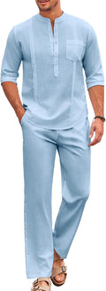 COOFANDY Men's Cotton Linen 2-Piece Cuban Henley Set - Breathable