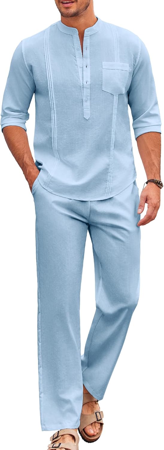 Men's 2 Piece Cotton Sets Casual Long Sleeve Cuban Henley Shirt