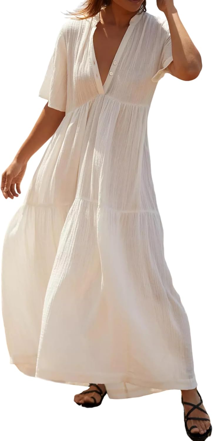 Womens Summer Cotton Flowy Maxi Dress for Casual Beach Wear
